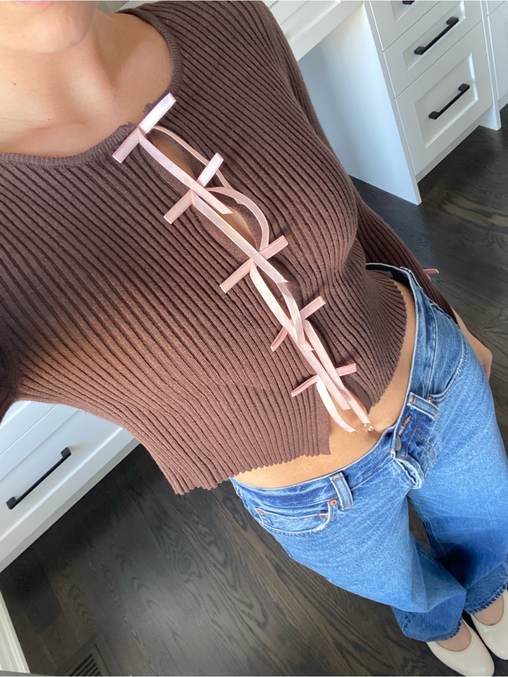 Dreamers Brown Ribbed Tie-Front Crop Cardigan with Pink Ribbon